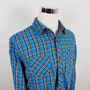 Timberland Large Flannel Shirt Blue Yellow Plaid Button Down 100% Cotton